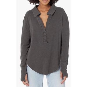 Free People Anakin Thermal Collared V-Neck Textured Long Sleeve in Gray